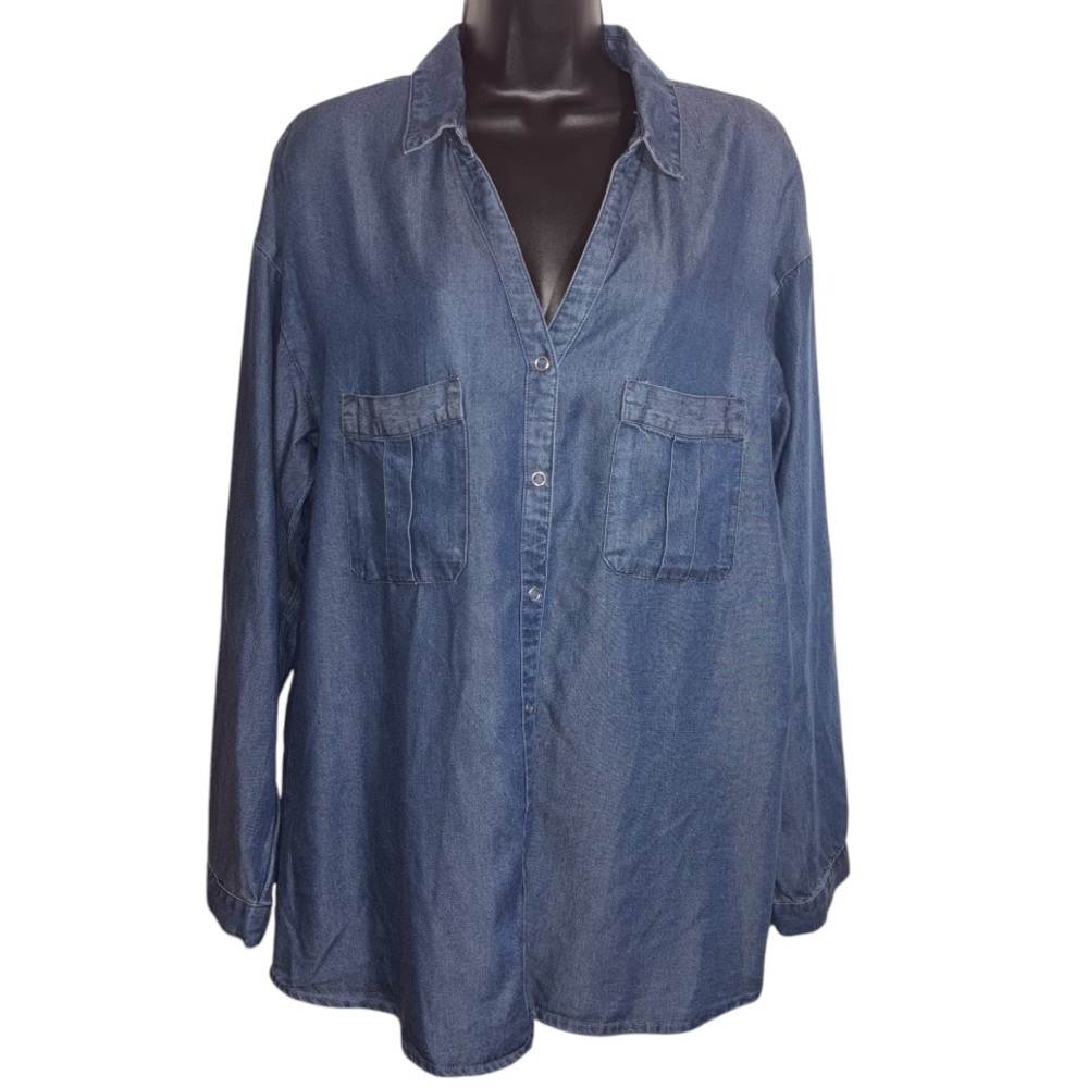 For the Republic Denim Shirt Snap Front Collar V-Neck Long Sleeve Size Large